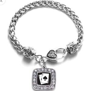 Silver Plated Blackjack Square Charm‎ Braided Bracelet Cubic Zirconia 7.5 in